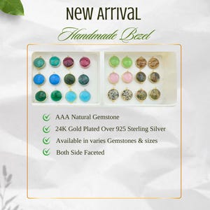 May include: A collection of round, faceted natural gemstone pendants in various colors, each set in a 24K gold-plated 925 sterling silver bezel. The text reads: NEW ARRIVAL, Handmade Bezel, AAA Natural Gemstone, 24K Gold Plated Over 925 Sterling Silver, Available in varies Gemstones & sizes, Both Side Faceted.