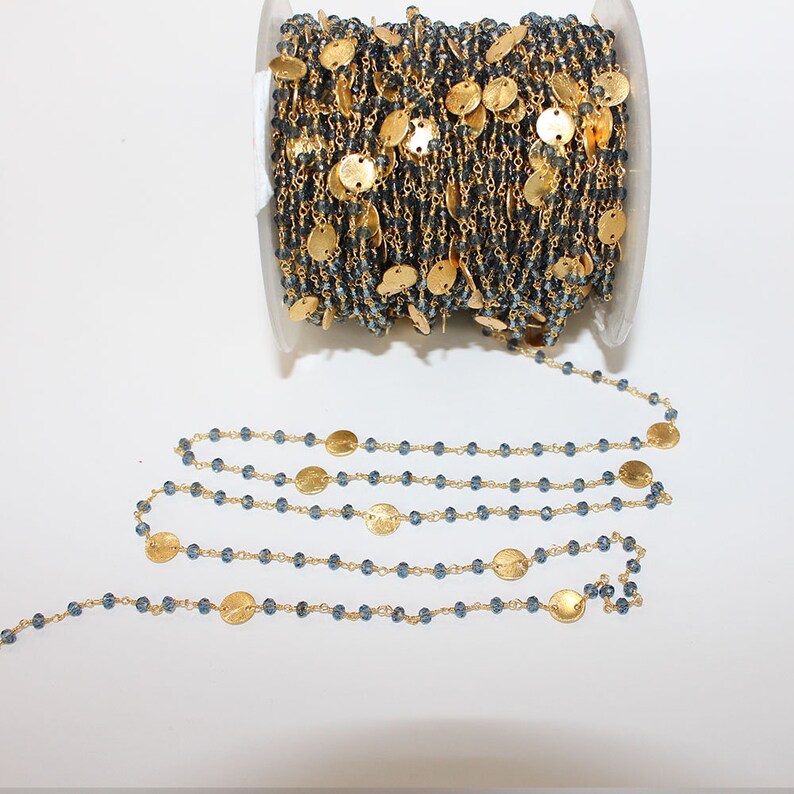 LONDON BLUE Topaz CoinDisc Beads Rosary Chain 24K Gold Plated Hydro Quartz Jewelry Making Beaded Chain For Necklace DIY Jewelry Making