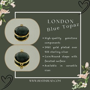 May include: A round, dark blue gemstone pendant with a gold-plated bail. The pendant is made of high-quality gemstone components and 24kt gold plated over 925 sterling silver. The pendant is available in a coin/round shape with a faceted surface. LONDON Blue Topaz.