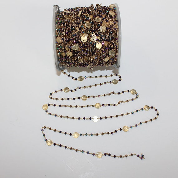 Peacock Pyrite Beaded Gold Plated Wire Wrapped Chain 5 Feet Beautiful Peacock Pyrite Beaded Chain 3mm Rosary Chain