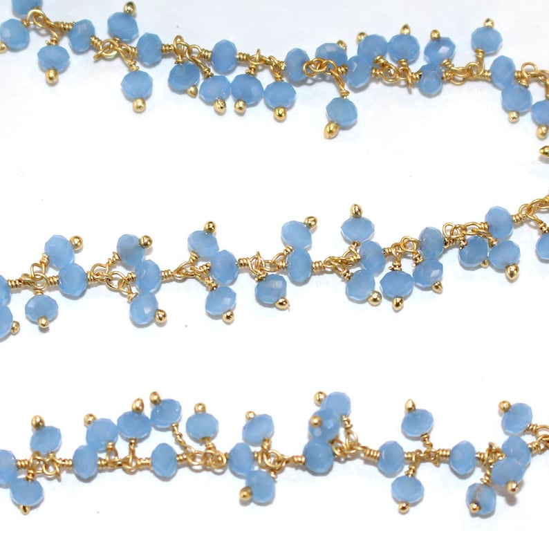 Handmade Jewelry Making Wire Wrapped Beaded Chain By Foot For Necklace 24k Gold Plated Over Silver Blue Chalcedony Cluster Rosary Chain