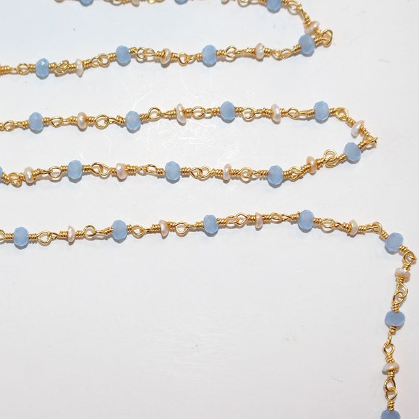Blue Chalcedony and Freshwater Pearl Gemstone Faceted Rondelle Bead 24K Gold Plated Rosary Chain Women Jewelry Making Necklace Wholesale