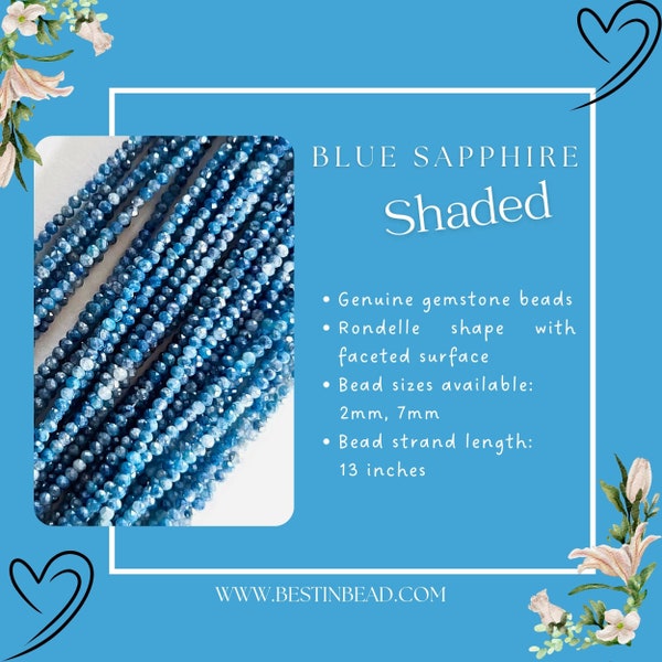 Blue Sapphire Shaded Rondelle Gemstone Beads - Natural Semi Precious Bead Strand - Sizes 2mm to 7mm - Jewelry Making Supplies