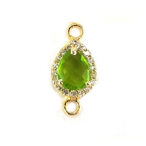 Peridot Quartz Pear Briolette Connector, CZ Pave 24K Gold Plated Charm