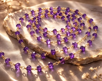 Amethyst Rosary Chain - 24K Gold Plated Beaded Gemstone, 6mm