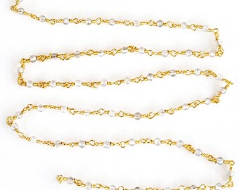 Clear Quartz 3mm 4mm Beaded Handmade Rosary Chain 24K gold plated over silver Women Jewelry Making Necklace Anklet Bracelet Wholesale Price