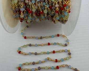 Multi Color Stone 2mm 3-4mm Beaded Handmade Rosary Chain 24K gold plated over silver Women Jewelry Making Necklace Bracelet Wholesale Price
