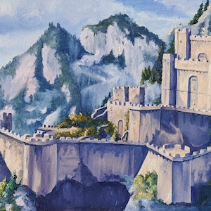 May include: A painting of a large, gray stone castle perched on a cliff overlooking a mountain range. The castle has a tall, central tower with a large, arched doorway. The surrounding mountains are covered in trees and fog.