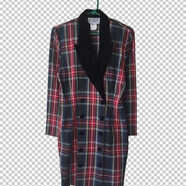 80s Velvet Lapel Plaid Long Blazer Jacket Dress by La Belle in Women's Size 9 // Shoulder Pads Structured Tartan Red Black Fitted Blazer