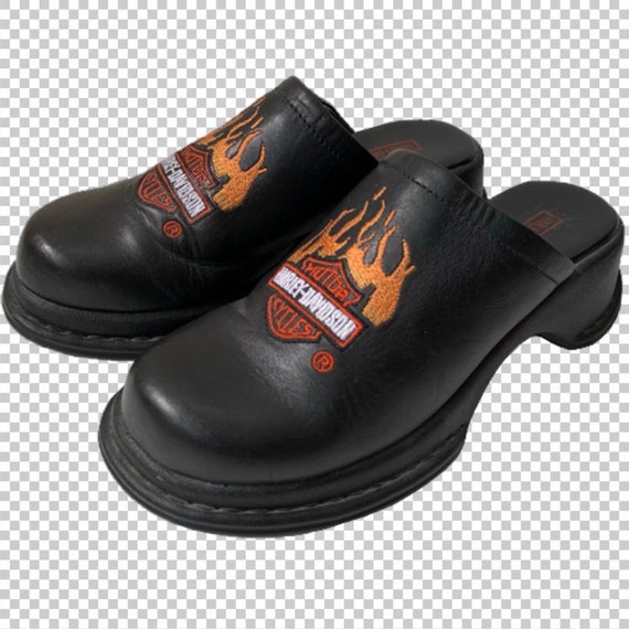 Sz 5.5 Harley Davidson Embroidered Flames Leather Slides Logo Shield Silver Mules Bad Girl Platform Slip Ons Clogs US Womens 5.5 Sz 5.5 Harley Davidson Embroidered Flames Leather Slides Logo Shield Silver Mules Bad Girl Platform Slip Ons Clogs US Womens 5.5