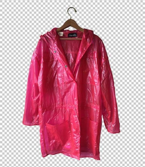 Vintage Pink Vinyl Raincoat Festival Rain Jacket Bright Vintage Pink Vinyl Raincoat Festival, See Through Plastic Trench Coat