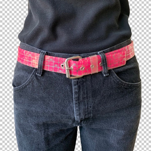 90s l.e.i. Jelly Belt Hot Pink & Clear // Y2K Barbie Little Shopping Graphics Squares Belt 42.5" XL