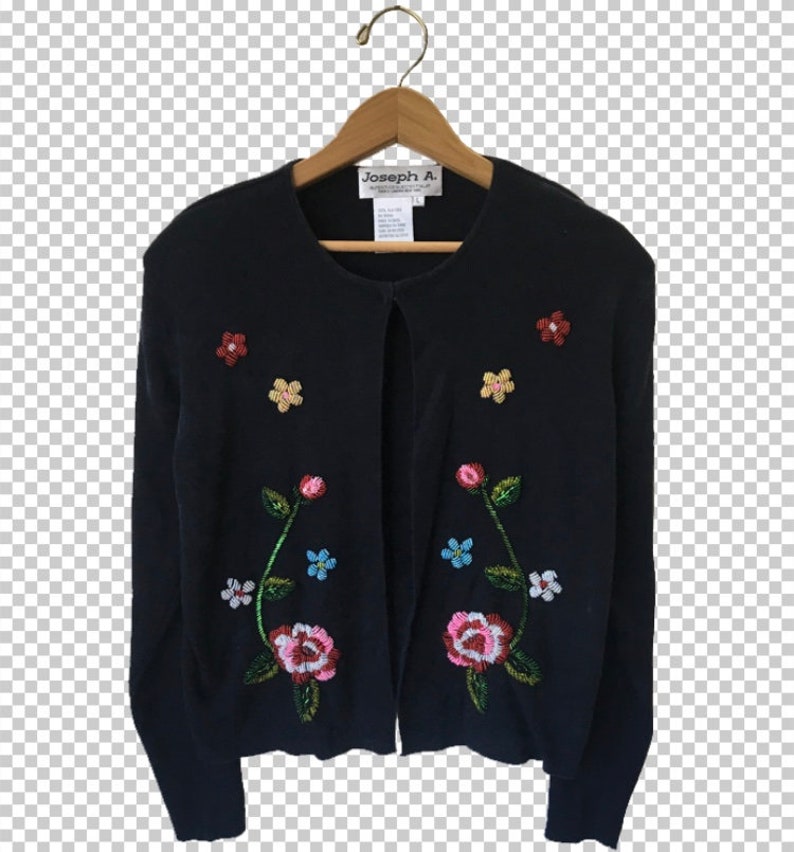90s Beaded Floral Silk Cardigan Sweater Black Longsleeve Slightly Cropped Single-Button Cardi 90s Cute Flowers Sweater Women/'s Large
