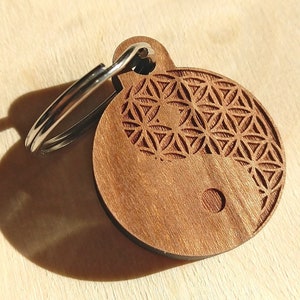 Yin Yang Flower of Life Keychain - Cherry Hardwood Laser Cut Sacred Geometry Key chain
