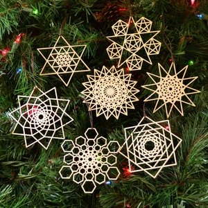 Star Fractal Holiday Ornaments - Set of Seven - Laser Cut Wood Wooden Hanukkah Christmas Tree Decorations