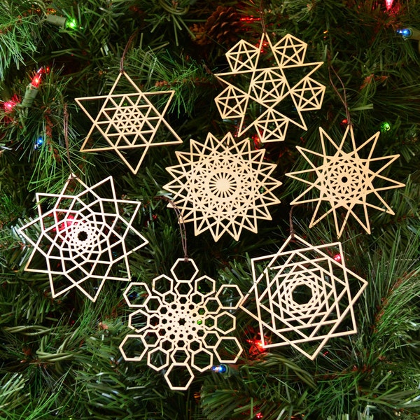 Star Fractal Holiday Ornaments - Set of Seven - Laser Cut Wood Wooden Hanukkah Christmas Tree Decorations