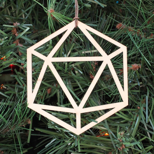 Icosahedron Platonic Solids Symbol Ornament - D20 Triangle 3D Shape Laser Cut Wood Wooden Christmas Xmas Decoration