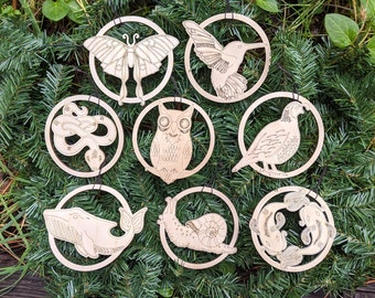 Animal Totem Holiday Ornaments - Set of Eight - Laser Cut Wood Animals Totems Spirits Creatures Christmas