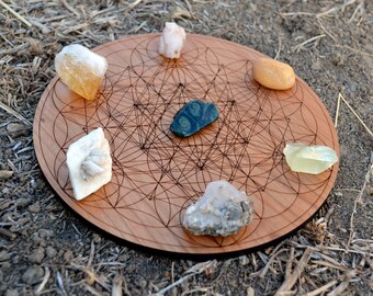 Hardwood Crystal Grid - Sacred Geometry Trifecta - Laser Cut - Natural Cherry Wood Wooden Flower of Life Charging Plate