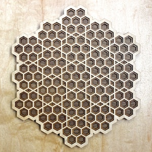 Honeycomb Grid Three 10&quot; Wood Wall Art - Laser Cut Wooden Living Room Home Decor Maple Birch Walnut - Hexagon Hexagonal Sacred Geometry