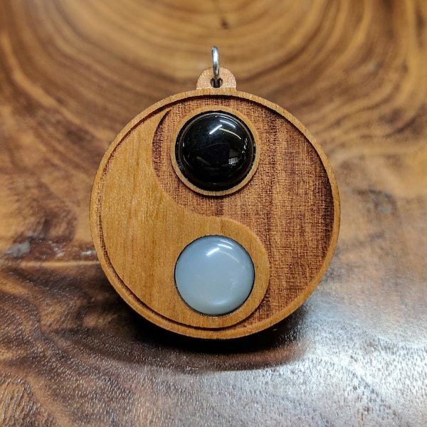 Yin Yang Pendant - Black Agate / White Moonstone Laser Cut Hardwood