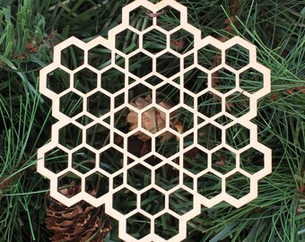 Honeycomb Grid Holiday Ornament - Hexagon Precise Math Mathematical Trippy Laser Cut Wood Wooden Christmas Xmas Decoration