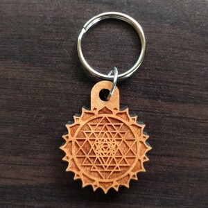 Sri Yantra Mandala Hardwood Keychain - Cherry Hardwood Laser Cut Sacred Geometry Key chain