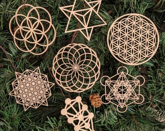 Sacred Geometry Holiday Ornaments - Set of Seven - Laser Cut Wood Wooden Sacred Symbol Flower Seed of Life Christmas Xmas Decoration Merkaba