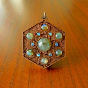 Labradorite Gemstone Talisman Pendant - 'Vibrational Seed' - Walnut Hardwood - Laser Cut Necklace Wooden Crystal Grid Mandala
