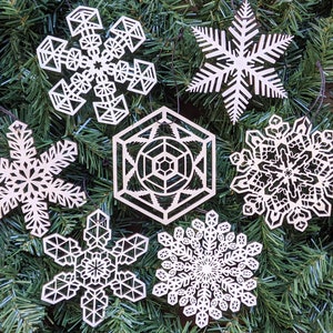 Snowflake Holiday Ornaments - Set of Seven - Laser Cut Wood Wooden Christmas Xmas Decoration