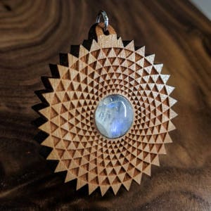 Flashy Rainbow Moonstone Wooden Fibonacci Phi Spiral Gift Pendant