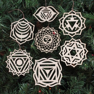 Chakra Symbols Holiday Ornaments Set - Set of Seven - Laser Cut Wood Wooden Sacred Geometry Symbol Christmas Xmas Decoration