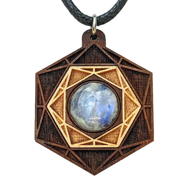 TriHex Mandala Inlay Pendant - Natural Laser Cut Engraved Festival Custom Necklace Wood Wooden Crystal Gemstone Sacred Geometry