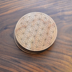 Flower of Life 3.5&quot; or 4&quot; Drink Coasters - Sacred Geometry Home Decor by LaserTrees - LT40035