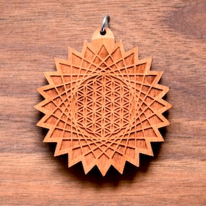 Pendentif Grille Fleur de Vie Pointue - Bois Dur Naturel - Bois Gravé au Laser Bois Géométrie Sacrée