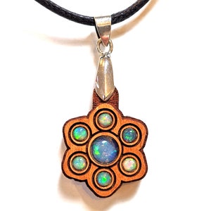 Ethiopian Opal Mini Gemstone Mandala Pendant - Gemstone Crystal Grid Wood Necklace - Laser Cut Hardwood