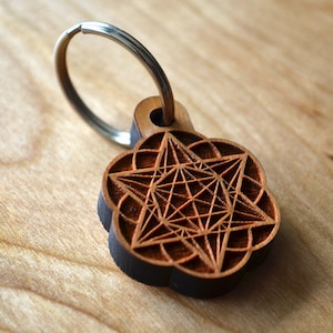 Sterntetraeder Hexagon Samen des Lebens Schlüsselbund - Kirsche Hartholz Laser Cut Heilige Geometrie Schlüsselanhänger