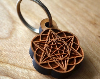 Star Tetrahedron Hexagon Seed of Life Keychain - Cherry Hardwood Laser Cut Sacred Geometry Key chain