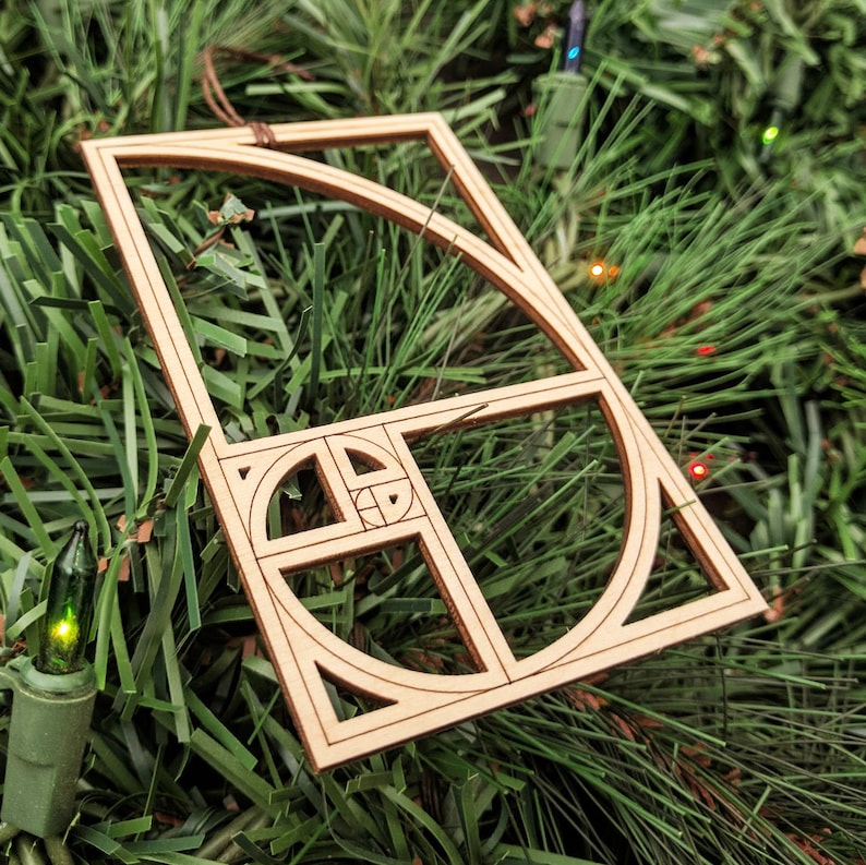 Fibonacci Holiday Ornaments Set of Seven Laser Cut Wood Wooden Golden Spiral Ratio Intricate Phi Math Nautilus Christmas Xmas Decoration image 2