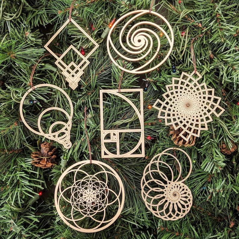 Fibonacci Holiday Ornaments Set of Seven Laser Cut Wood Wooden Golden Spiral Ratio Intricate Phi Math Nautilus Christmas Xmas Decoration image 1