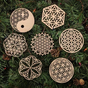 Flower of Life Holiday Ornaments - Set of Seven - Laser Cut Wood Wooden Sacred Geometry Symbol Christmas Xmas Decoration