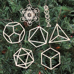 Platonic Solids Holiday Ornaments Set - Set of Seven - Laser Cut Wood Wooden Sacred Geometry Symbol Christmas Xmas Decoration