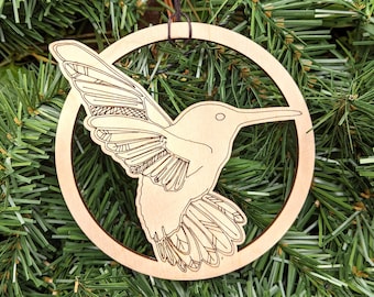 Joyful Hummingbird Holiday Ornament - Laser Cut Wood Animal Totem Spirit Xmas Christmas Decoration