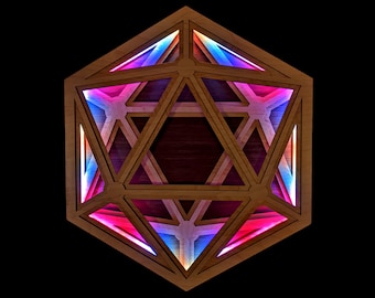 Dimensional Icosahedron LED Laser Cut Wall Art - Sacred Geometry - Programmed LED Art - Five Layer Hardwood Art