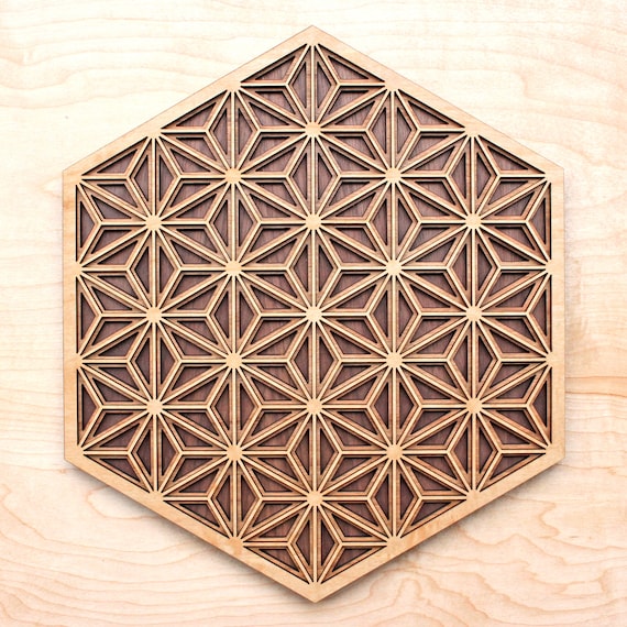 Hexagon Shaped Wood Wall Art Sculpture Featuring a Variety of 