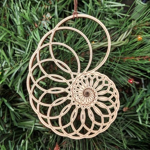Fibonacci Holiday Ornaments Set of Seven Laser Cut Wood Wooden Golden Spiral Ratio Intricate Phi Math Nautilus Christmas Xmas Decoration image 7