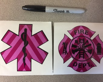 Calcomanía reflectante de chevron con la concientización sobre el cáncer de mama para bomberos, bomberos, EMT, EMS y paramédicos del Departamento de Bomberos en color ROSA