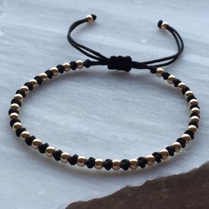 14k Gold Filled 3mm Bead with Good Luck Knots Adjustable Macrame Unisex Black and Gold Stackable Bracelet