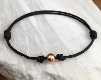 6mm 14k Rose Gold Filled Ball Solitaire Adjustable Sliding Knot on Black Cord Bracelet