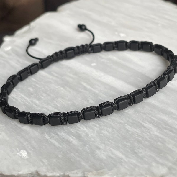 4mm Shamballa Matte Finish Black Square Cube Glass Onyx Bead Adjustable Macrame Closure on Black Nylon Cord Bracelet